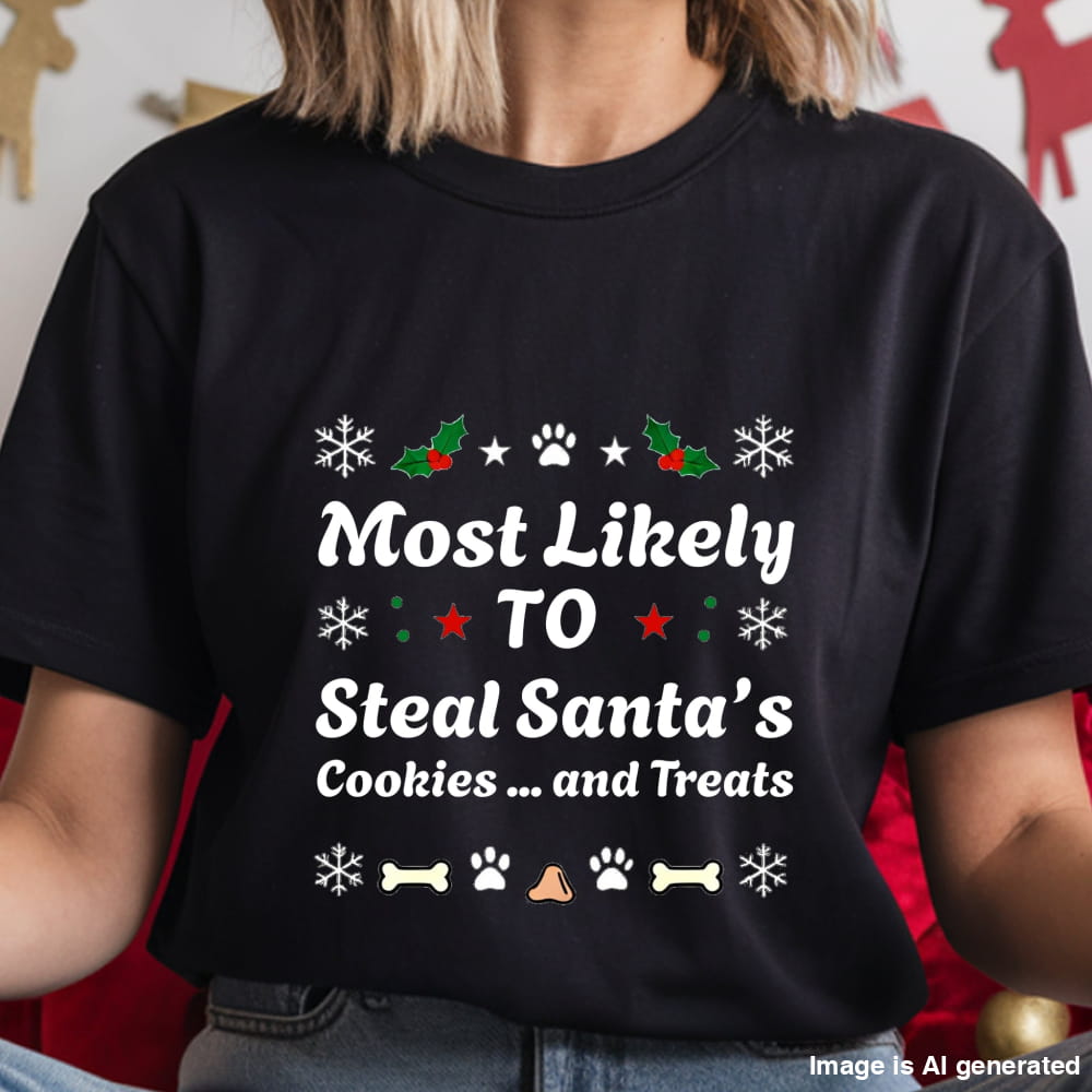 Black t-shirt with Christmas-themed text and graphics worn by a person.