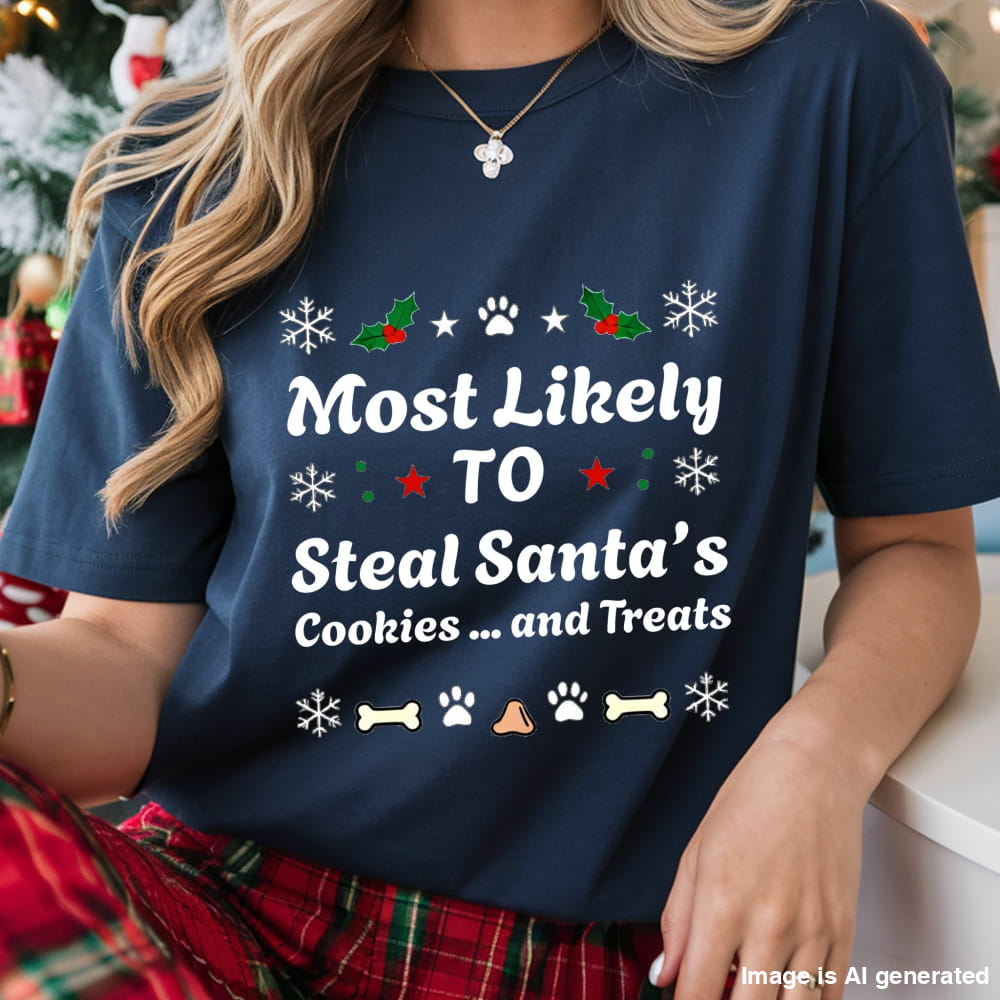 Person wearing a navy blue t-shirt with Christmas-themed text and graphics.