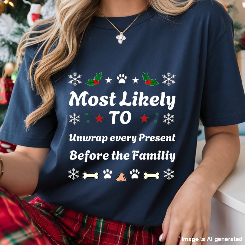 Navy blue t-shirt with Christmas-themed text and graphics worn by a person, with a festive background.