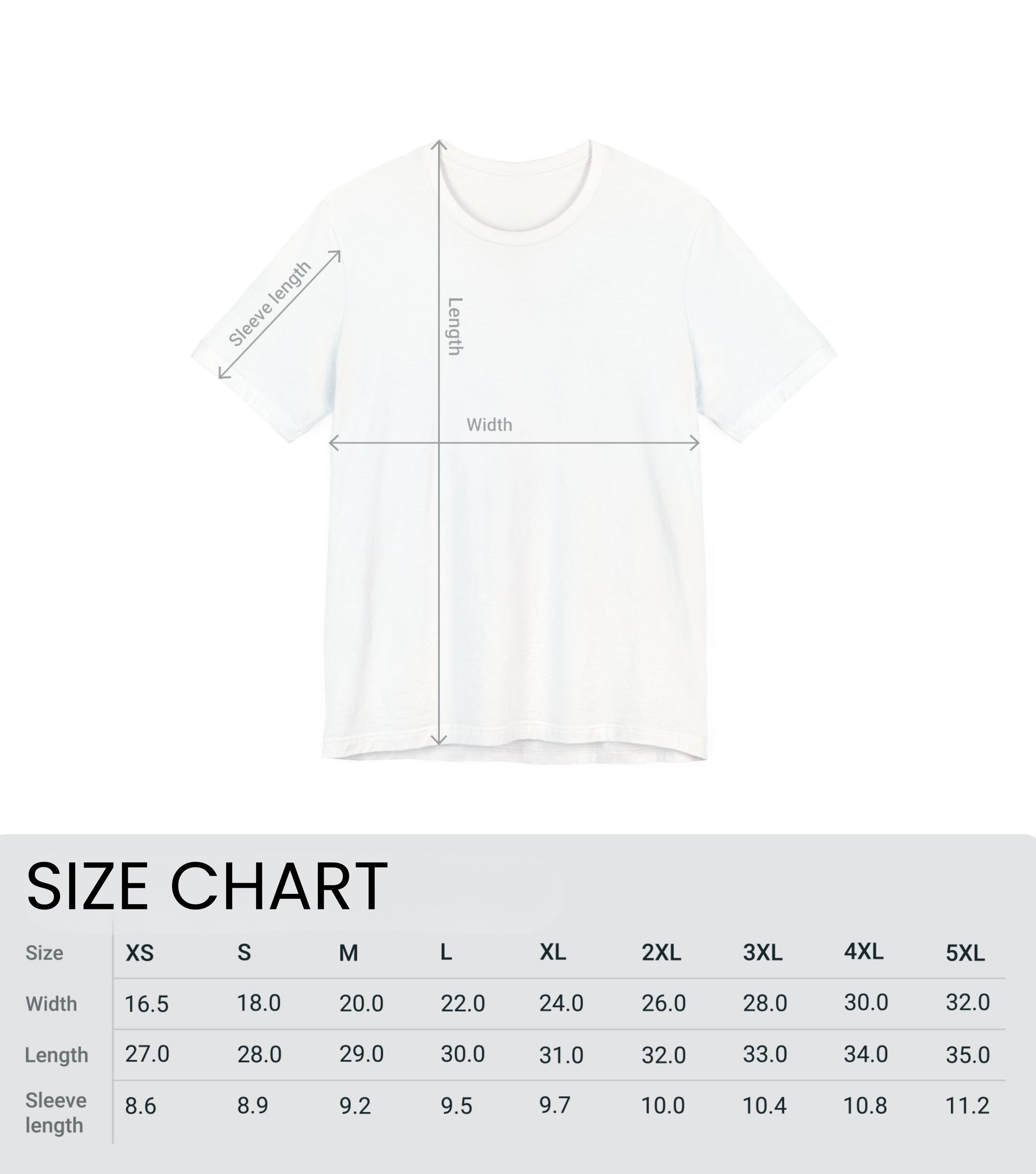 White t-shirt with measurements and size chart on a white background