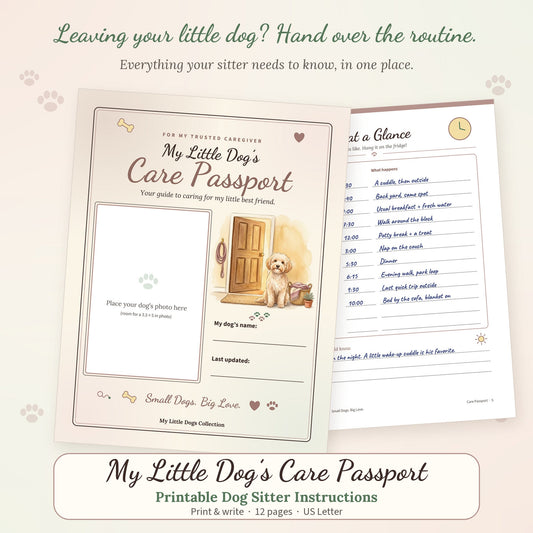 Printable Care Passport booklet cover for dog sitter instructions with a frame for your dog's photo and the title My Little Dog's Care Passport