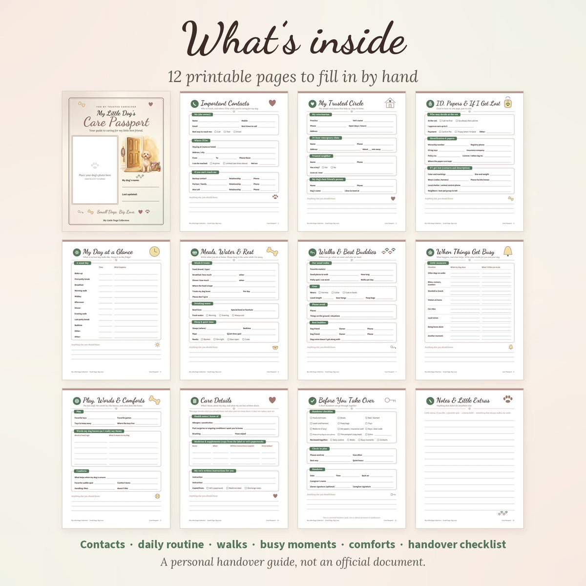 Overview of all 12 printable Care Passport pages: cover, contacts, trusted circle, daily routine, walks, comforts and handover checklist