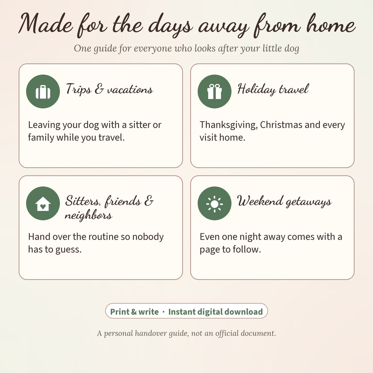Printable dog sitter instructions for trips, holiday travel, sitters and neighbors, and weekend getaways