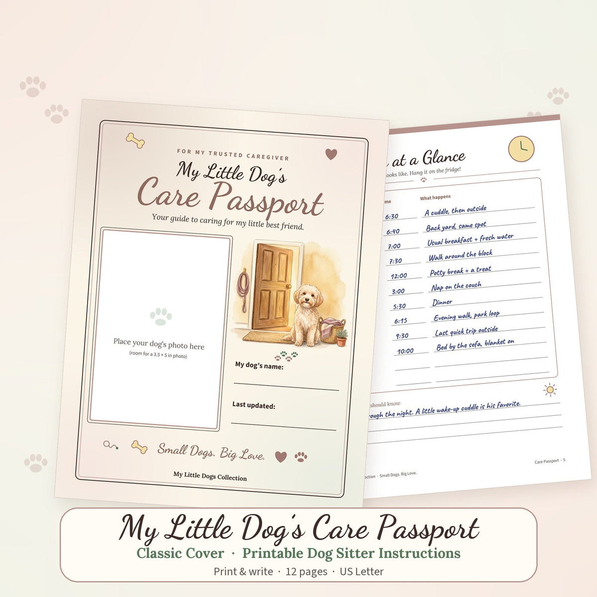 Printable Care Passport booklet with the Classic cover showing a cream puppy by the front door and a handwritten sample page