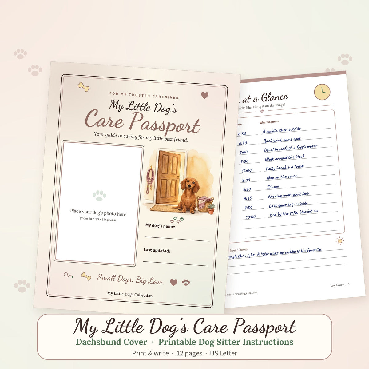 Printable Care Passport booklet with a Dachshund cover illustration and a handwritten sample page, dog sitter instructions