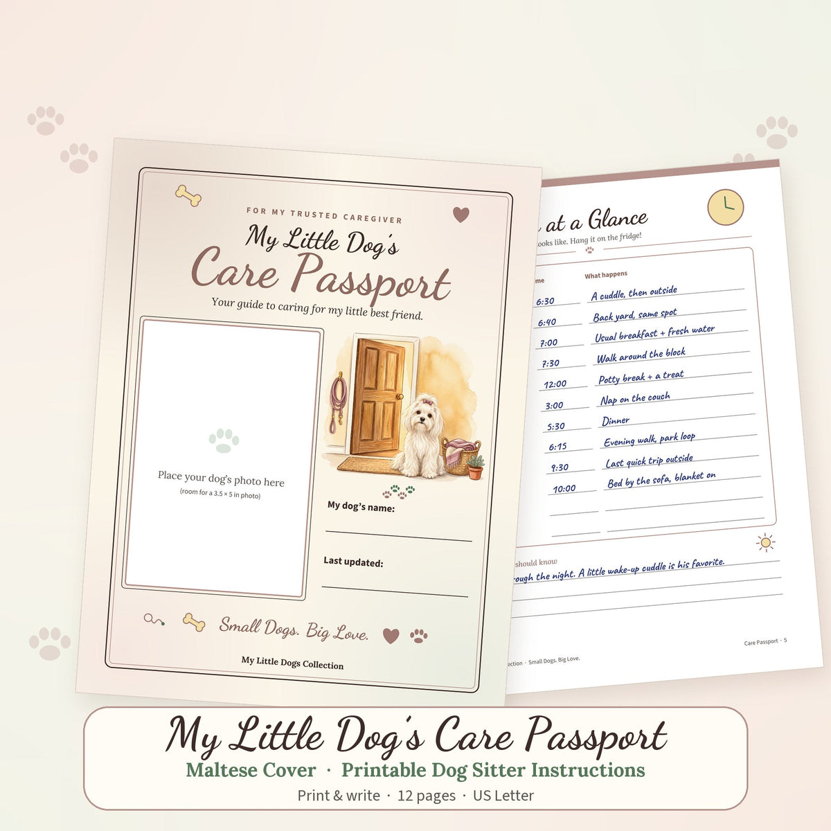 Printable Care Passport booklet with a Maltese cover illustration and a handwritten sample page, dog sitter instructions