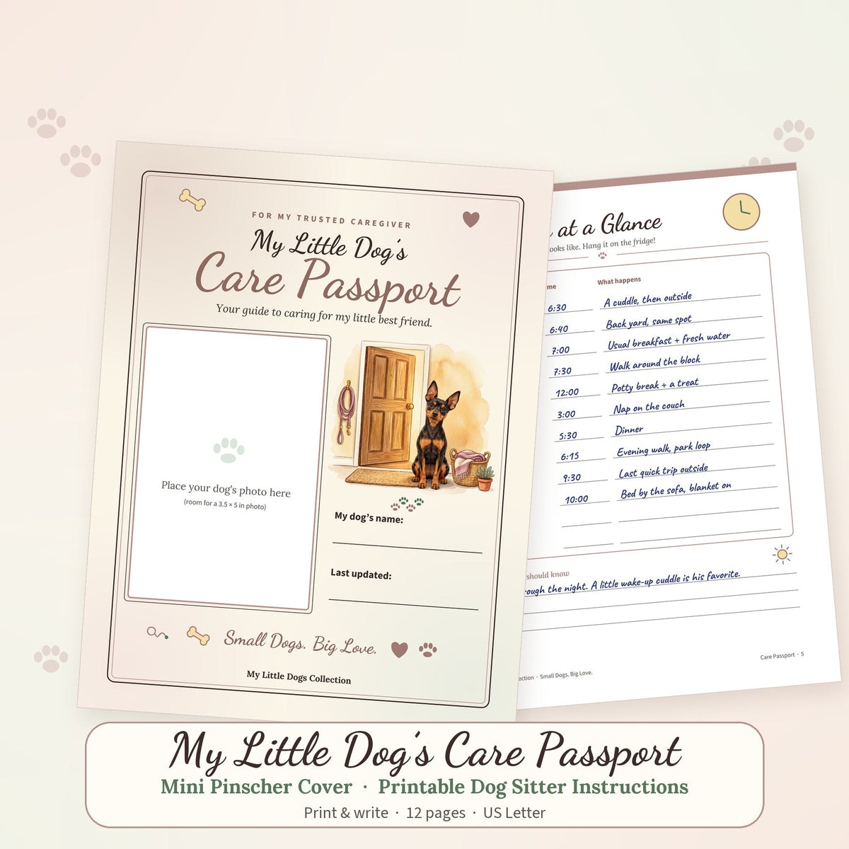 Printable Care Passport booklet with a Mini Pinscher cover illustration and a handwritten sample page, dog sitter instructions