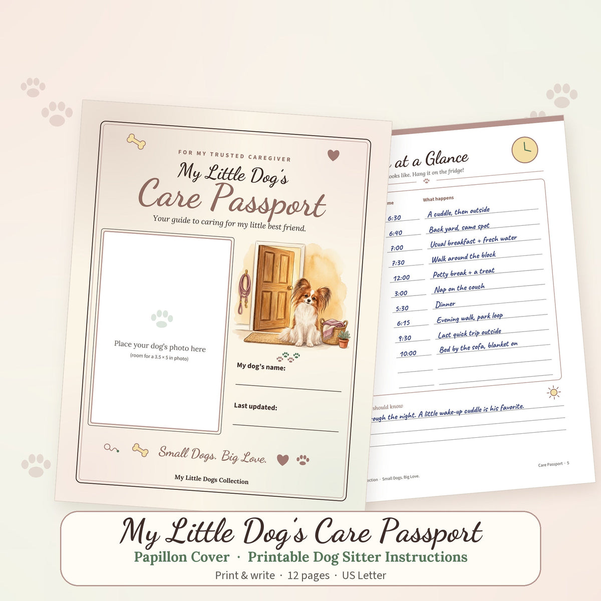 Printable Care Passport booklet with a Papillon cover illustration and a handwritten sample page, dog sitter instructions
