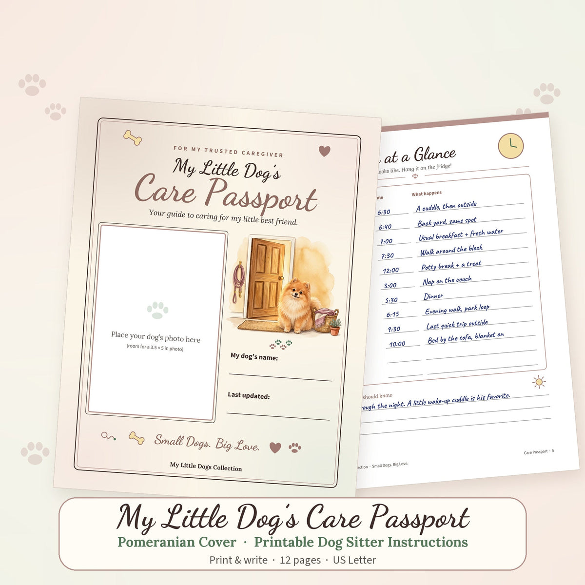Printable Care Passport booklet with a Pomeranian cover illustration and a handwritten sample page, dog sitter instructions