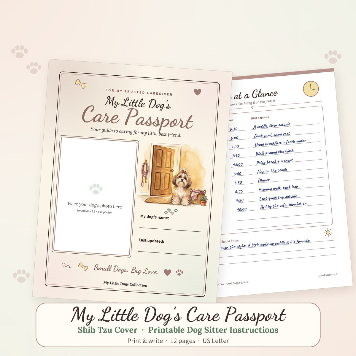 Printable Care Passport booklet with a Shih Tzu cover illustration and a handwritten sample page, dog sitter instructions