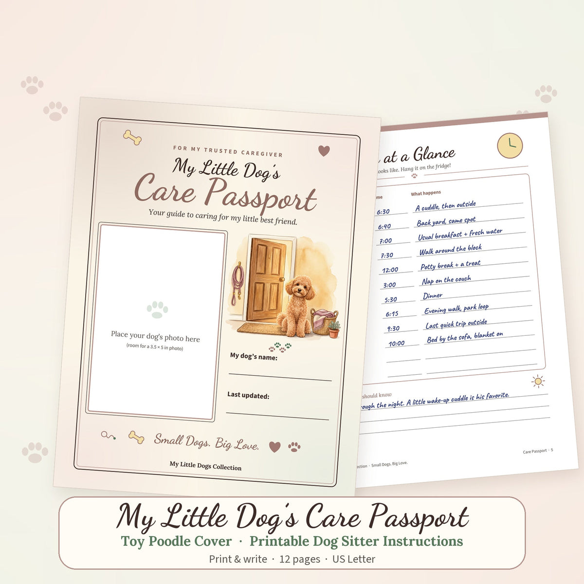 Printable Care Passport booklet with a Toy Poodle cover illustration and a handwritten sample page, dog sitter instructions