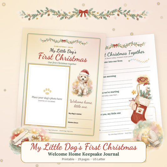Printable keepsake journal cover for a dog's first Christmas with a little dog in a Santa hat, holly garland and a photo frame