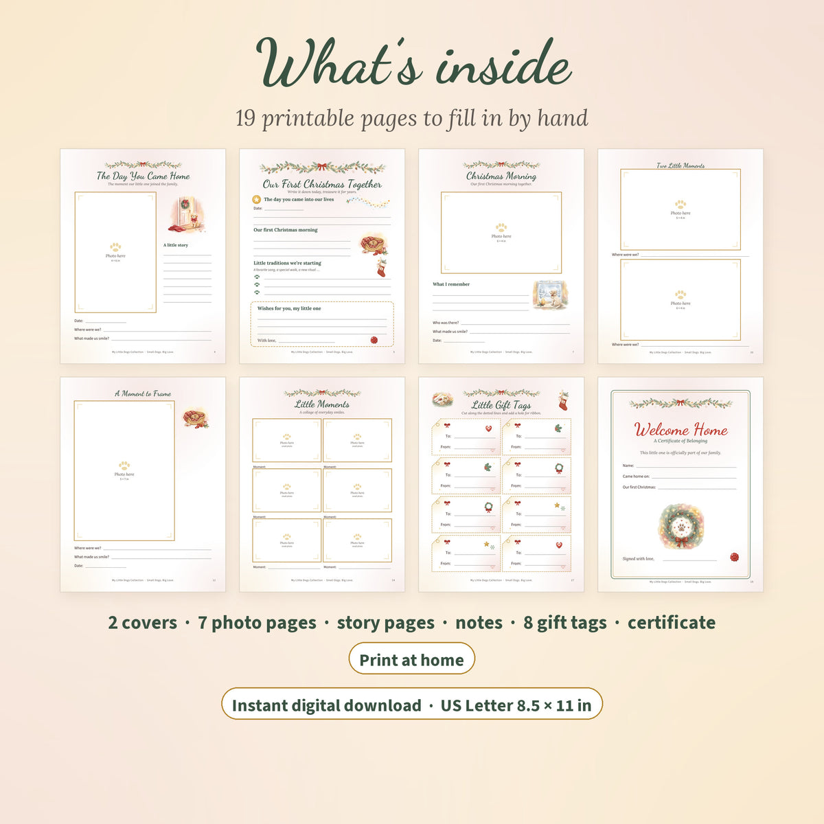Eight sample pages of a printable dog Christmas journal: photo pages, story pages, gift tags and a certificate