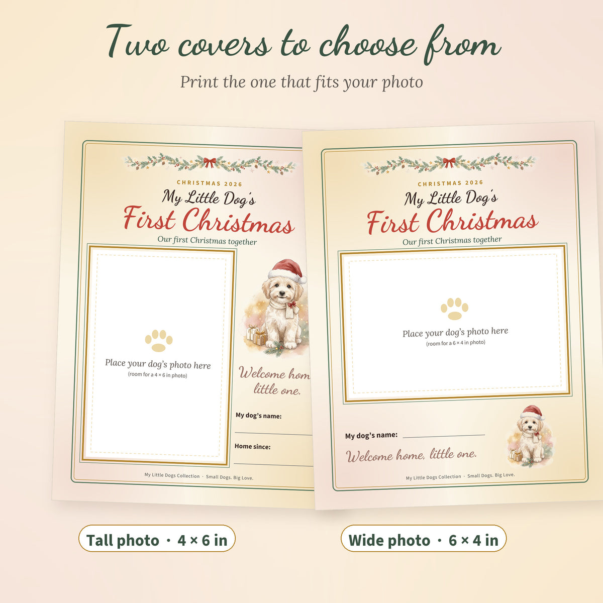 Two cover options for the dog Christmas journal: one for a tall photo and one for a wide photo