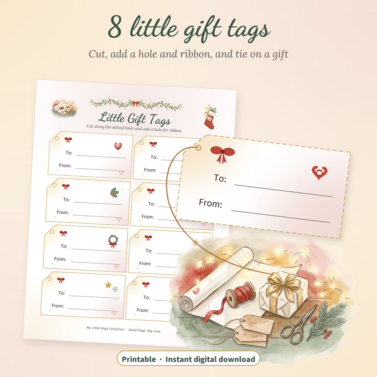 Printable Christmas gift tag sheet with eight tags and one tag shown tied to a wrapped gift