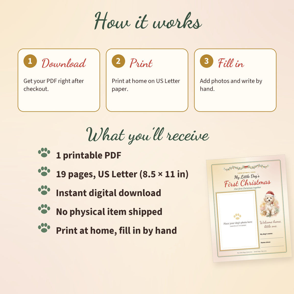 How it works: download the PDF, print at home on US Letter paper, then add photos and write by hand