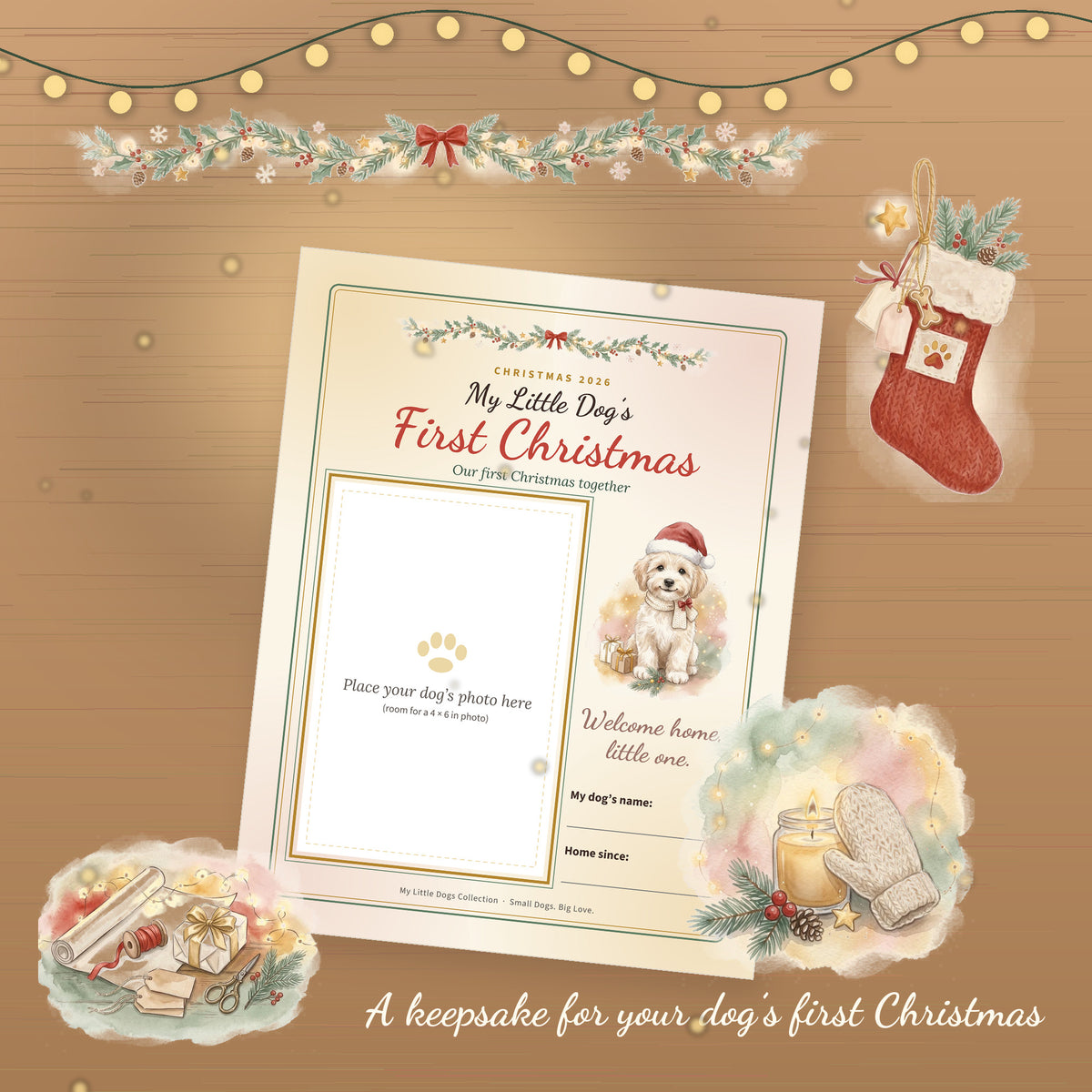 Dog Christmas journal cover on a wooden table with a candle, mitten, stocking and fir garland