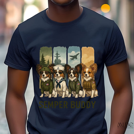 Navy blue t-shirt with cartoon dogs in military uniforms and 'Semper Buddy' text.