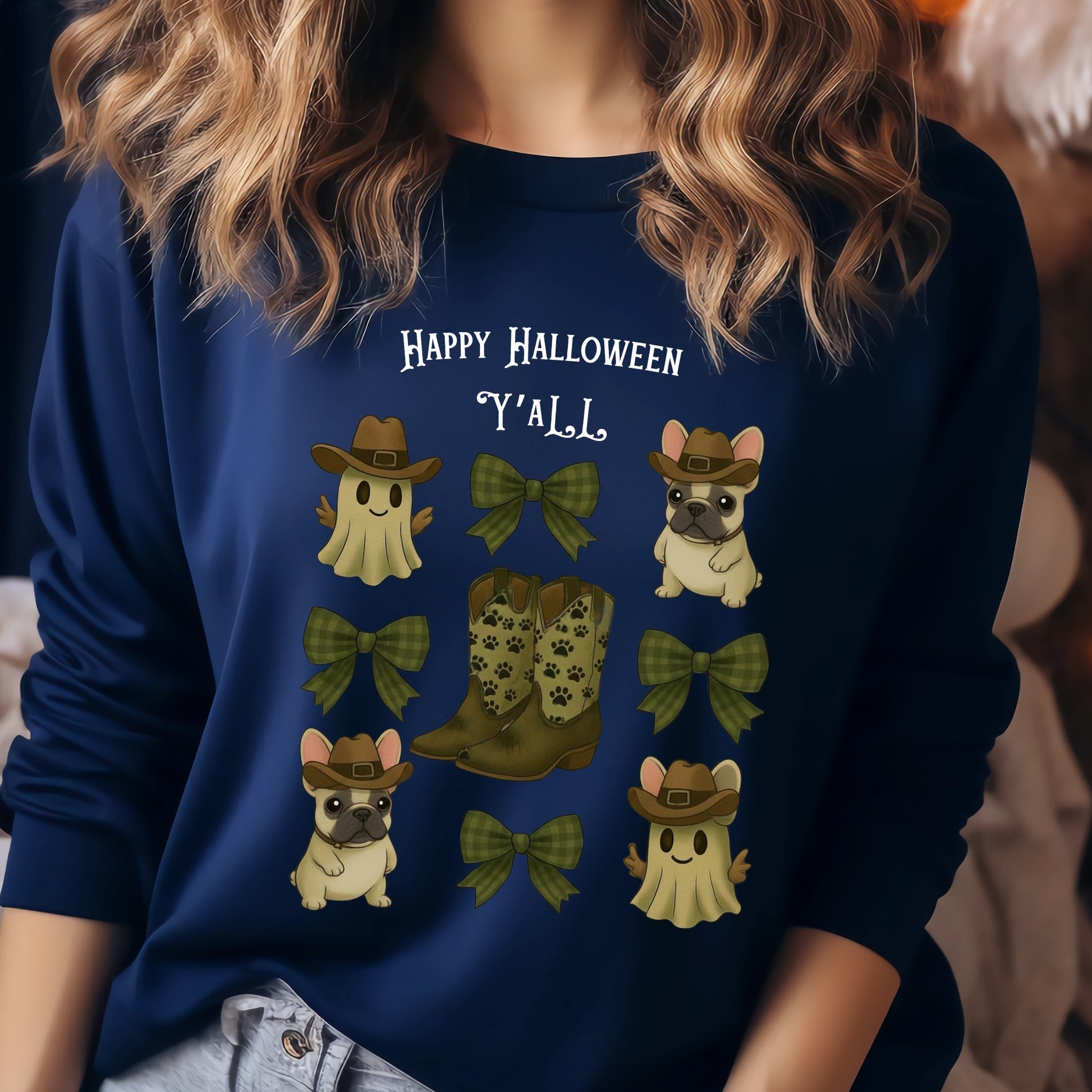 Navy blue sweatshirt with Halloween-themed graphics and text