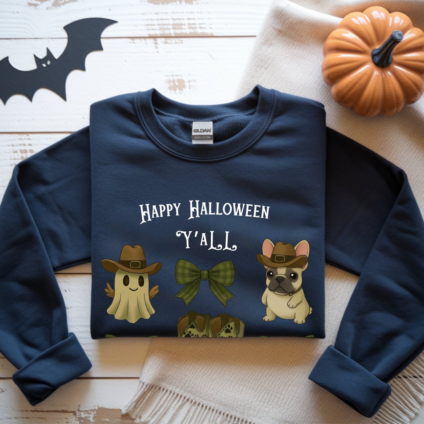 Frenchie’s Happy Halloween Y’all – Western Ghost & Cowboy Boots Unisex Premium Sweatshirt