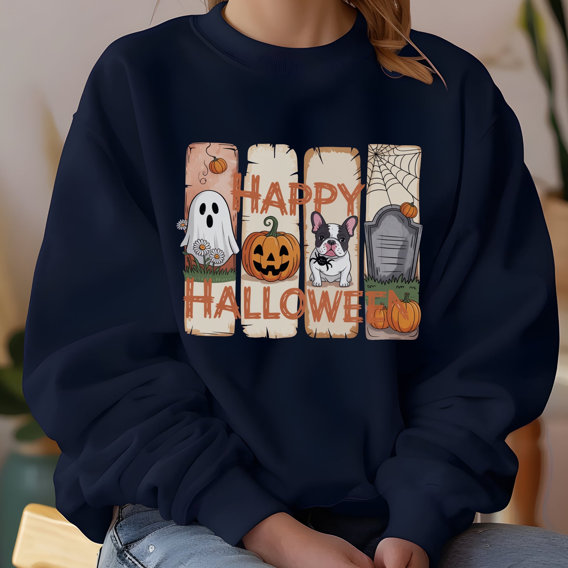 Navy sweatshirt with “Happy Halloween” design featuring a ghost, jack-o’-lantern, French Bulldog, gravestone, pumpkins, and cute autumn graphics.
