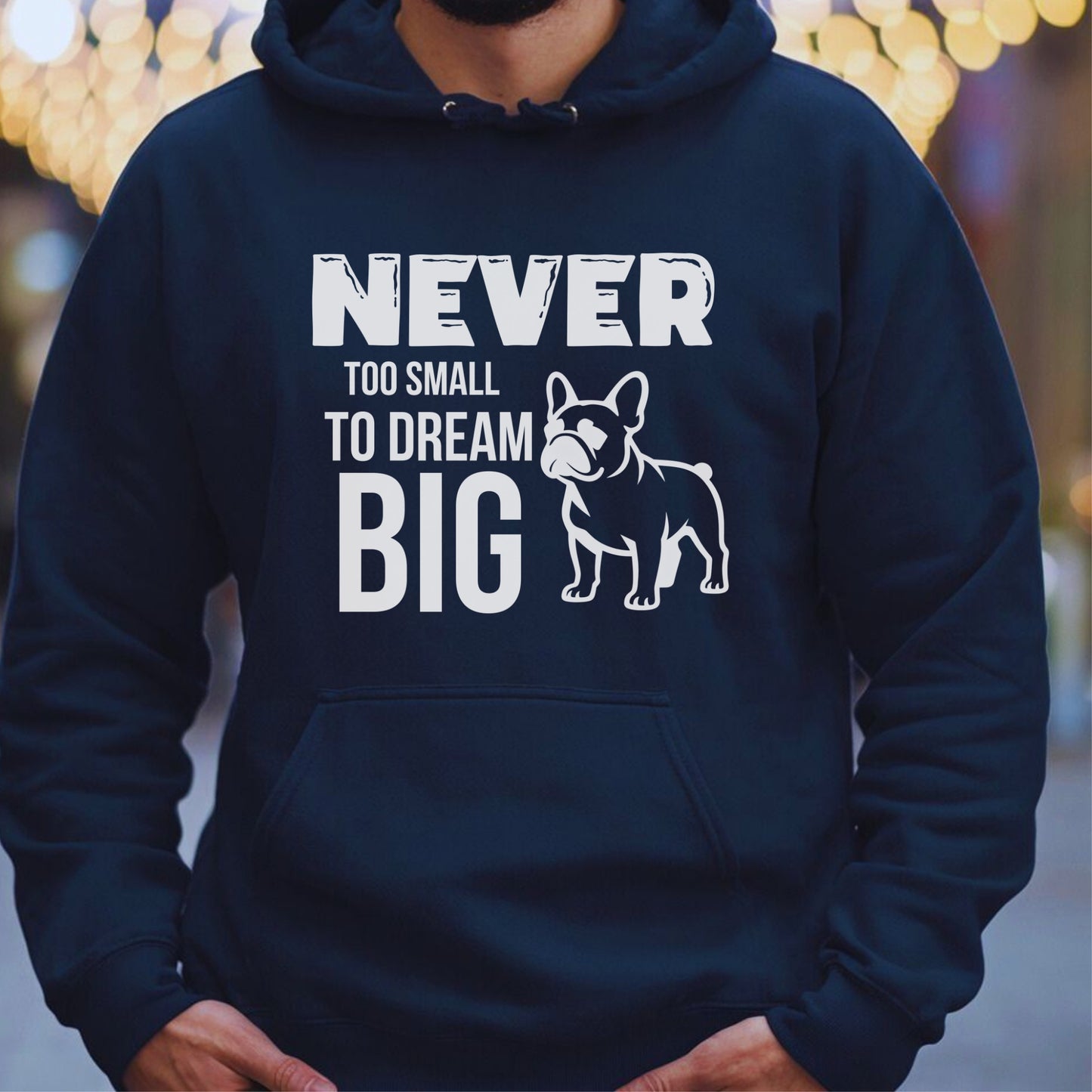 Navy blue hoodie with white text and dog graphic, worn by a person.