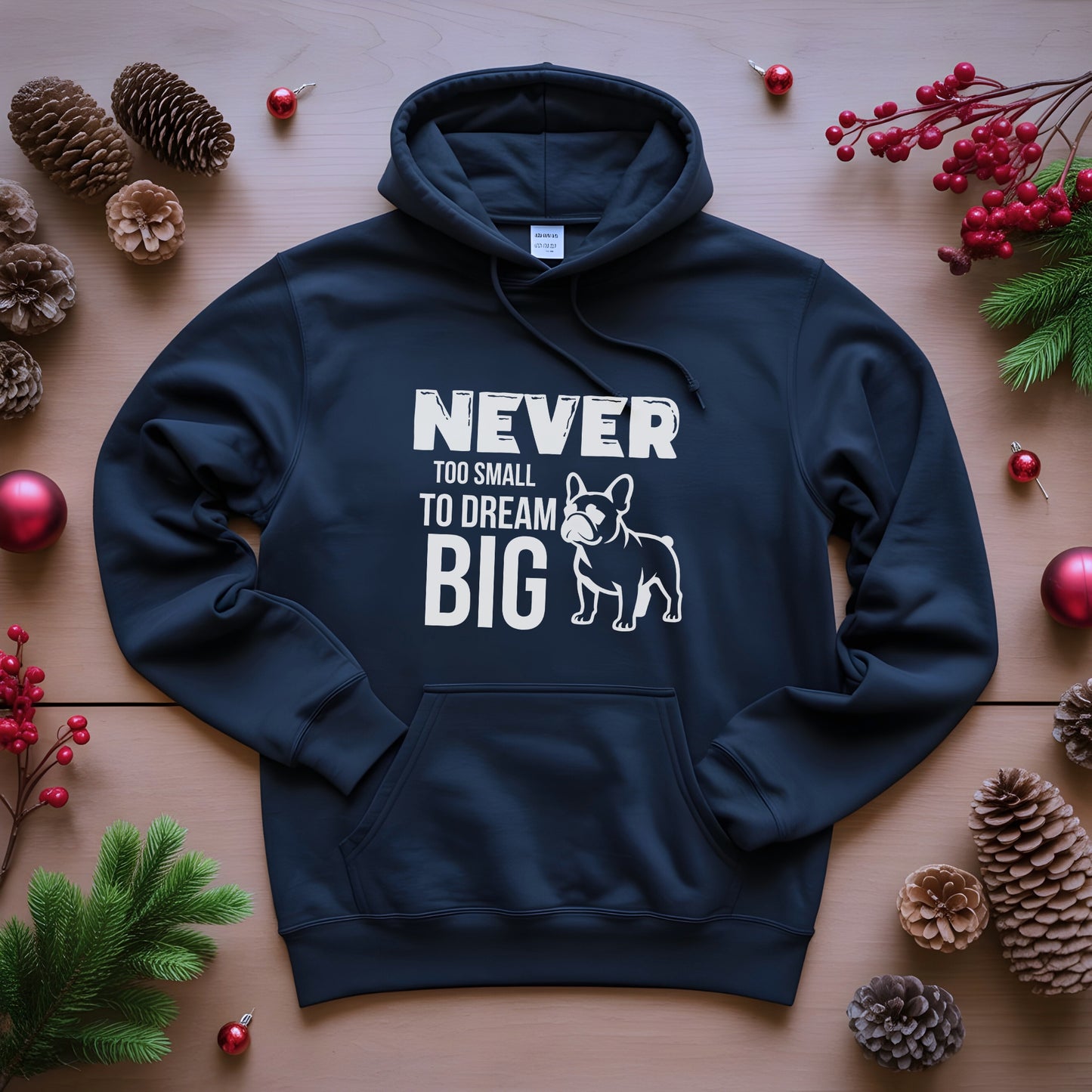 Navy blue hoodie with motivational text and dog graphic on a wooden surface with decorative elements.