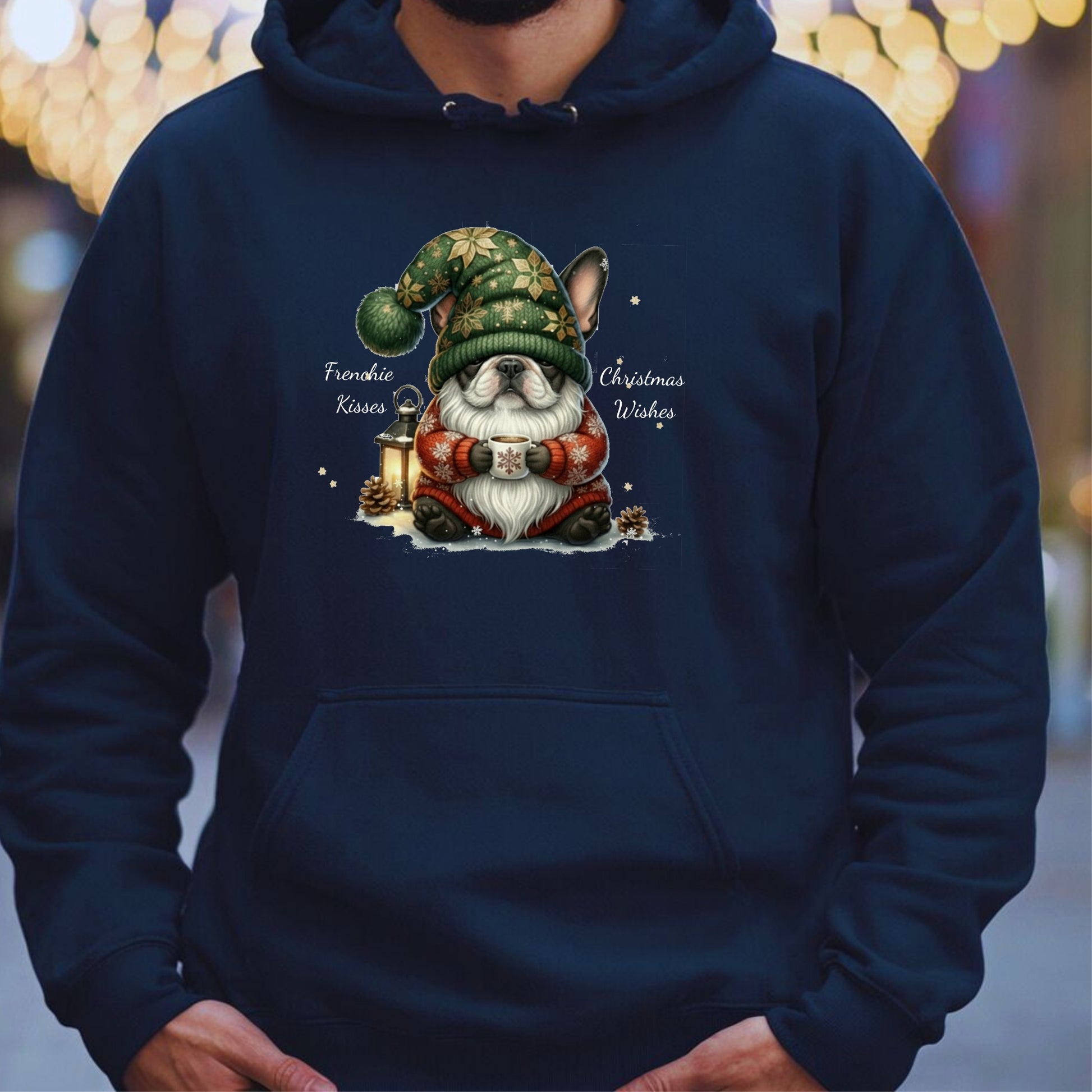 Navy blue hoodie with adorable French Bulldog dressed as a Christmas gnome, holding a lantern in festive holiday attire