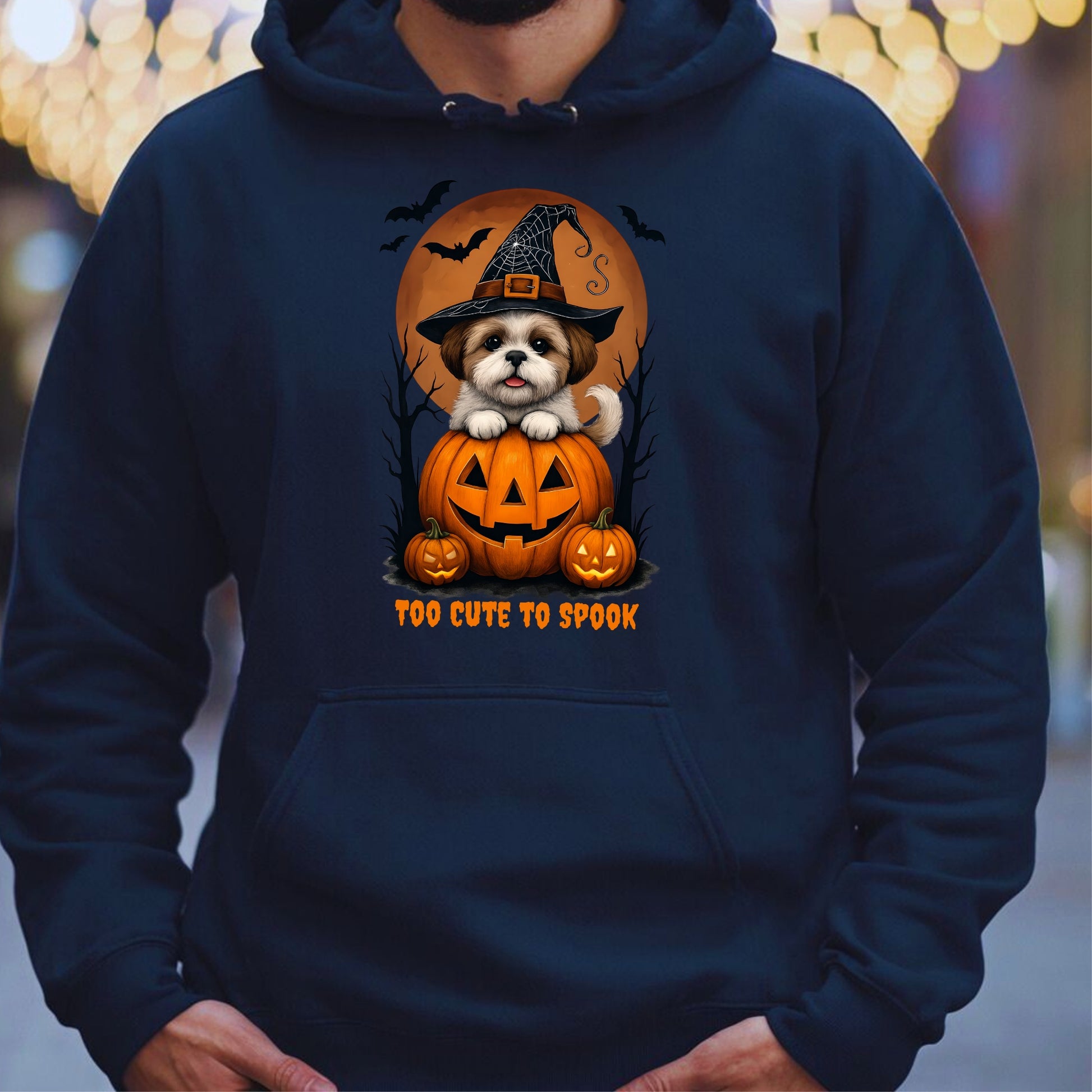 Navy blue hoodie with a Halloween-themed design featuring a dog and pumpkins.