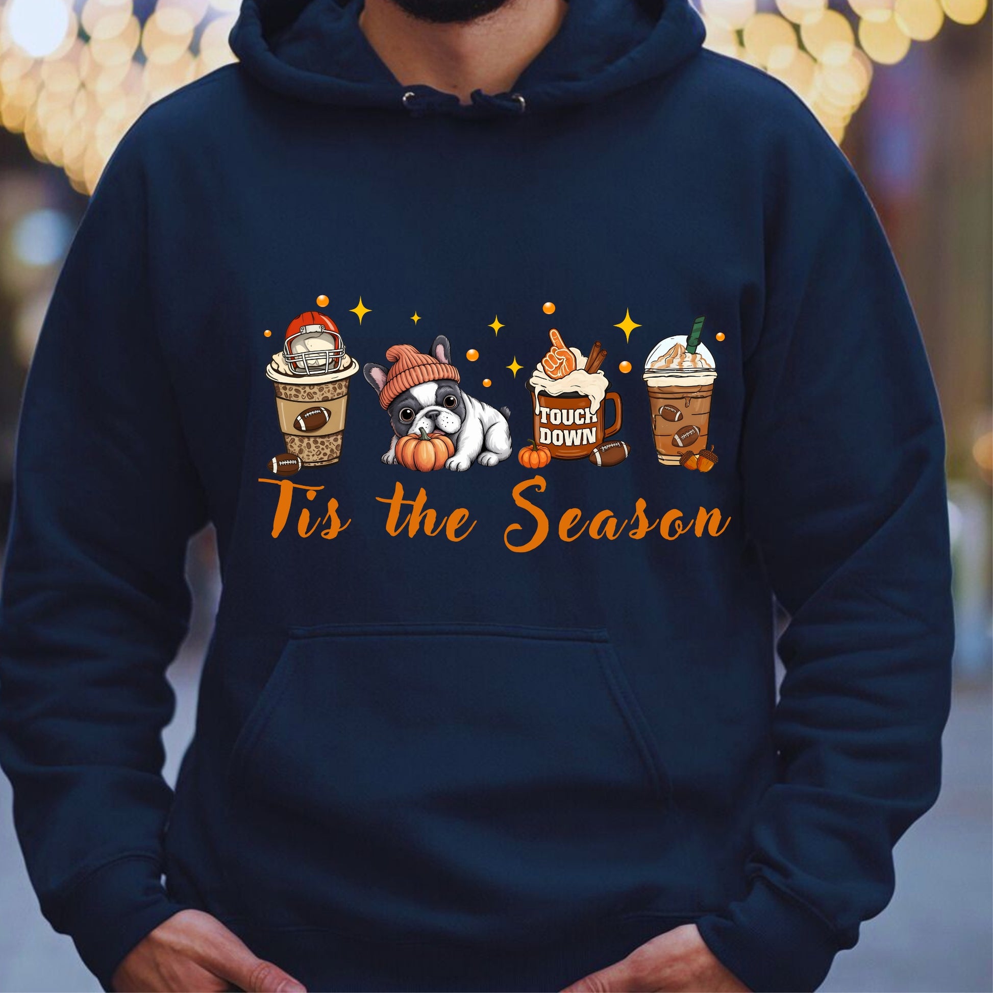 Navy hoodie with cute French Bulldog, pumpkin, football mug, autumn drinks and “Tis the Season” text
