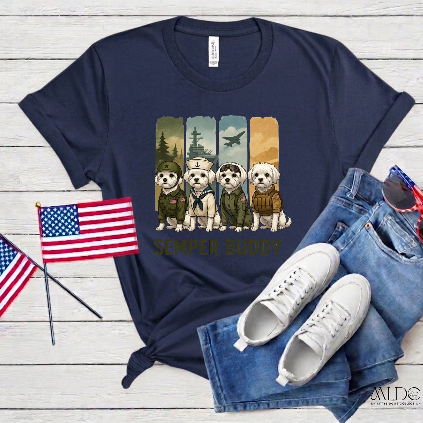 Navy blue t-shirt with dog graphic and 'Semper Buddy' text, paired with jeans and sneakers on a wooden surface.