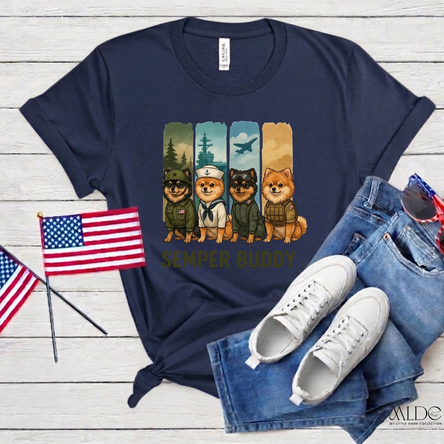 Semper Buddy Pomeranian Premium Tee — Small Dog, Big Patriot