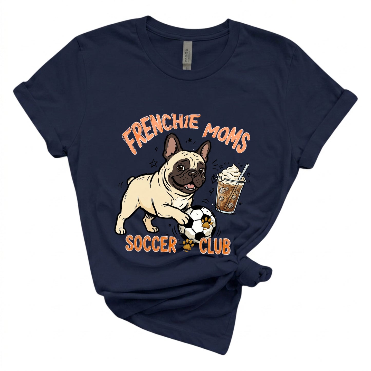 Navy blue t-shirt with a dog graphic and text 'Frenchie Moms Soccer Club' on a white background