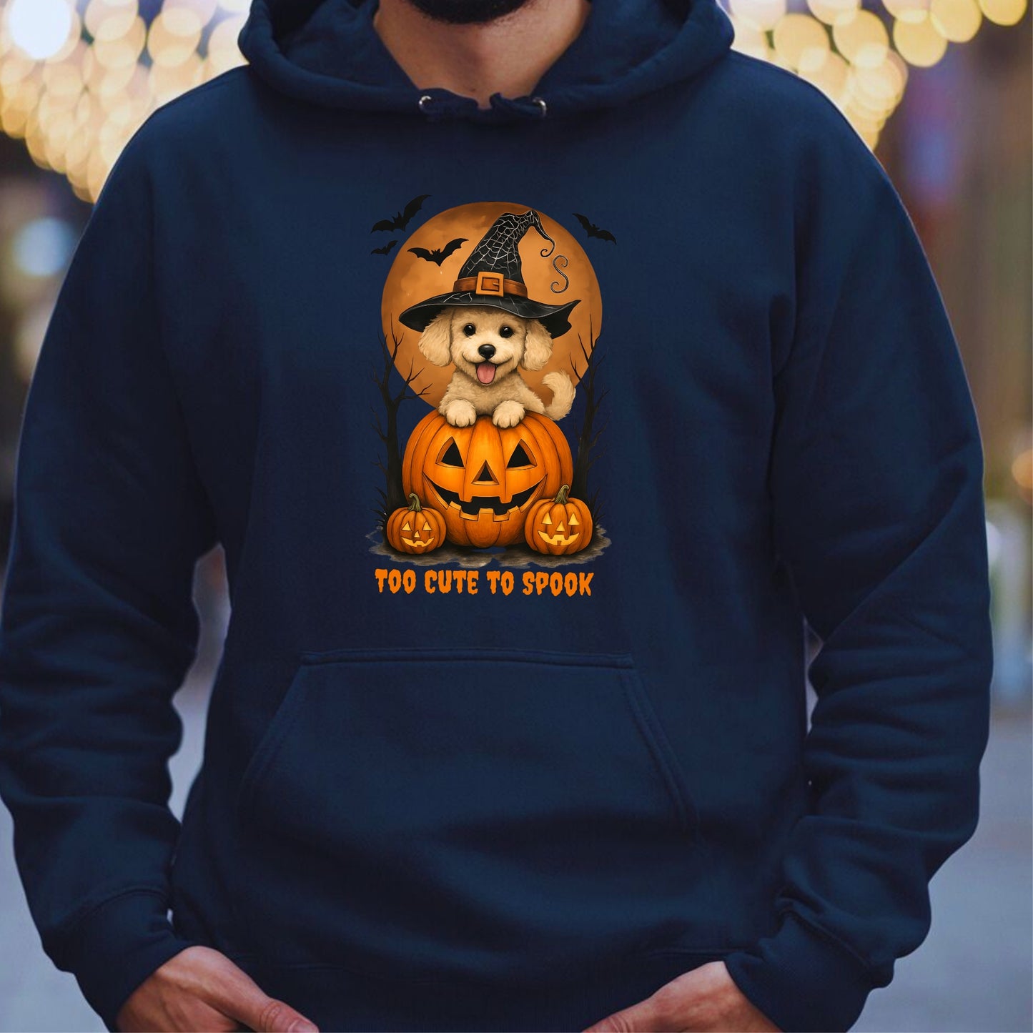Navy blue hoodie with a Halloween-themed design featuring a dog in a pumpkin.