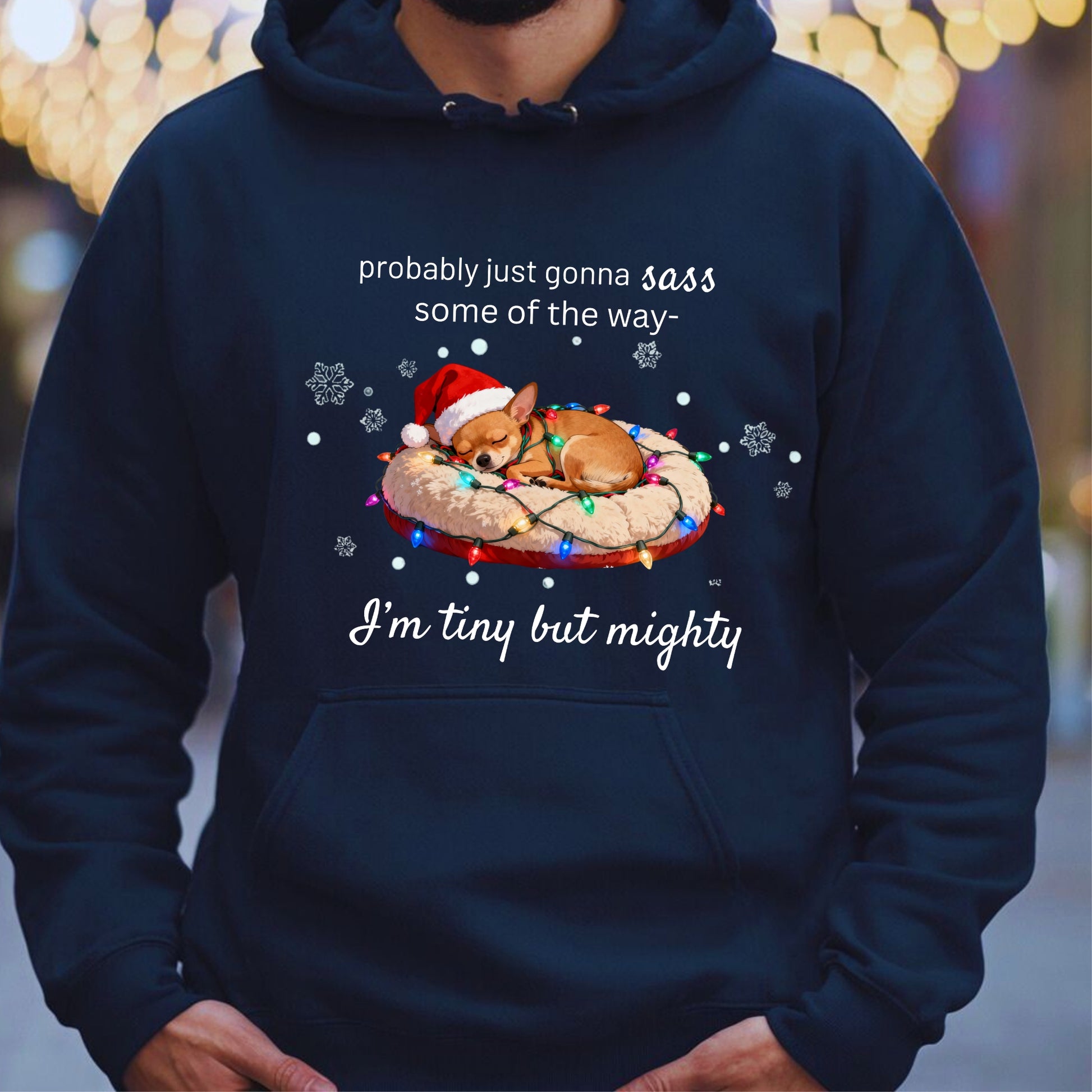 Navy blue hoodie with a Christmas-themed graphic of a dog on a pizza, surrounded by lights and text.