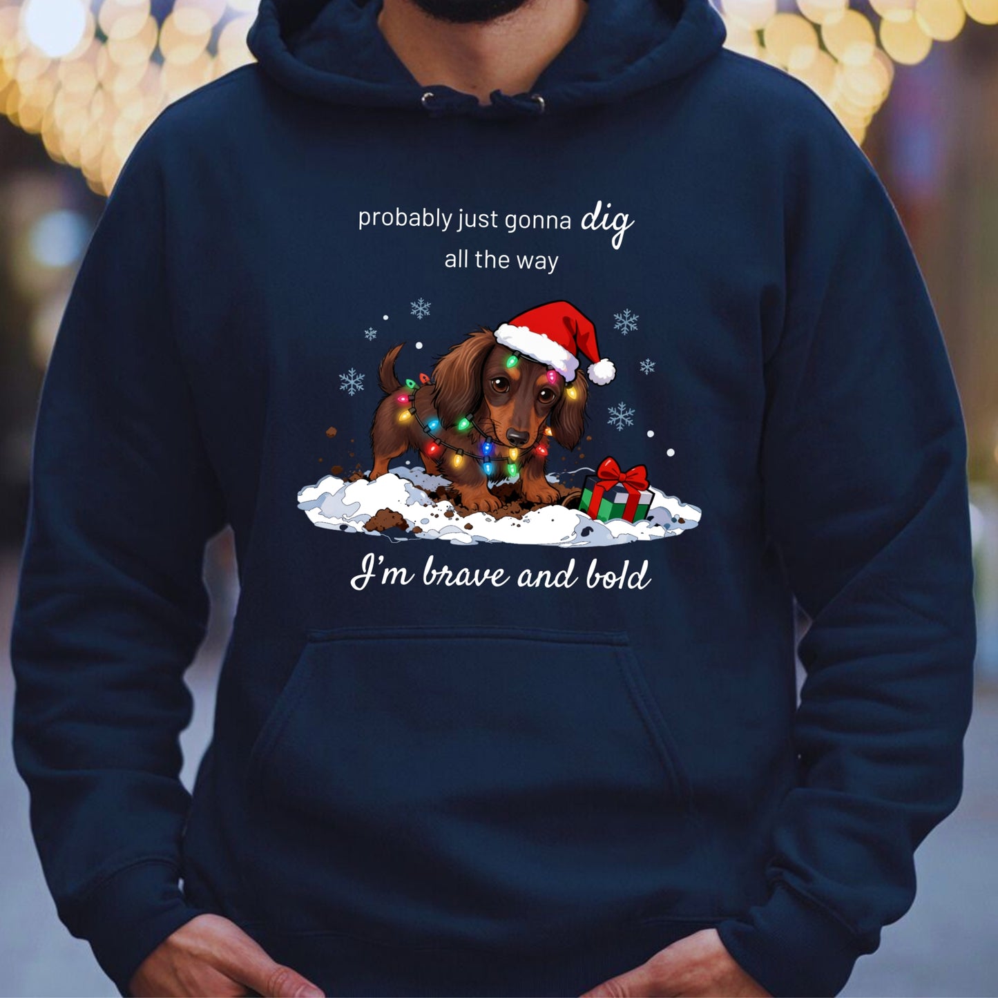 Navy blue hoodie with a Christmas-themed dachshund graphic and text.