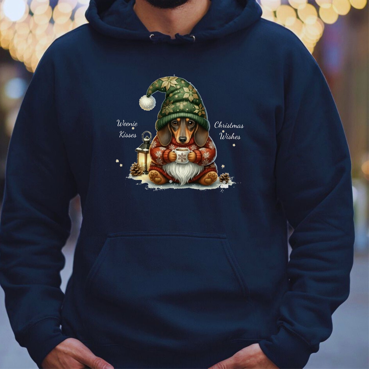 Navy blue hoodie with a Christmas-themed design featuring a dog and gnome.