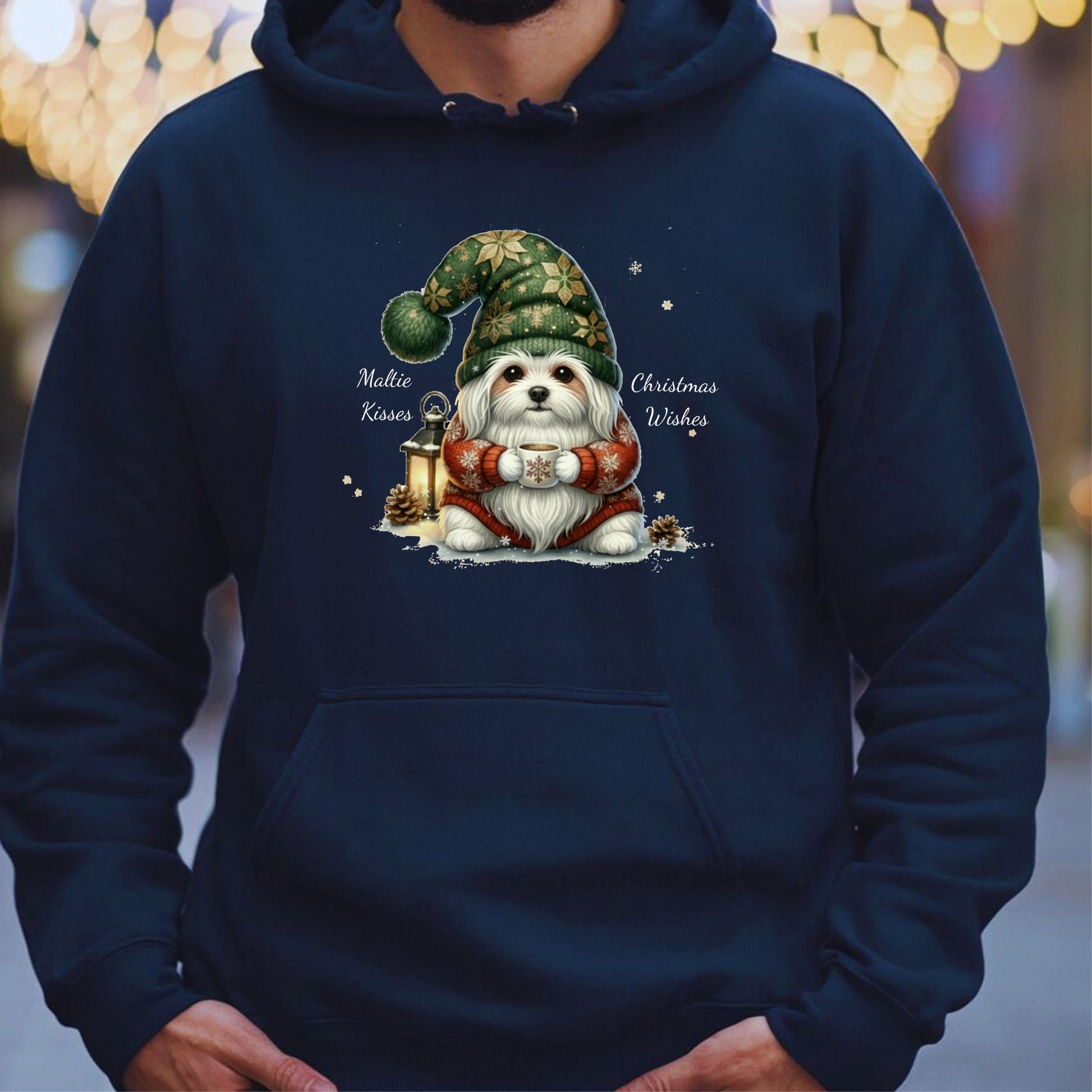 Navy blue hoodie with a Christmas-themed design of a dog in a gnome outfit.