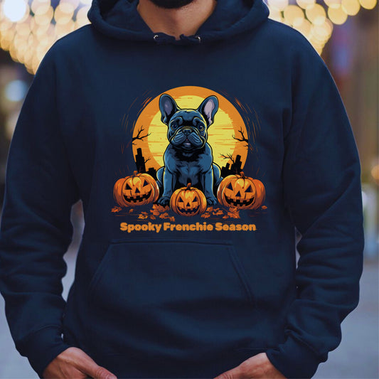 	Navy blue Halloween hoodie with French Bulldog, pumpkins, and graveyard, with "Spooky Frenchie Season" text