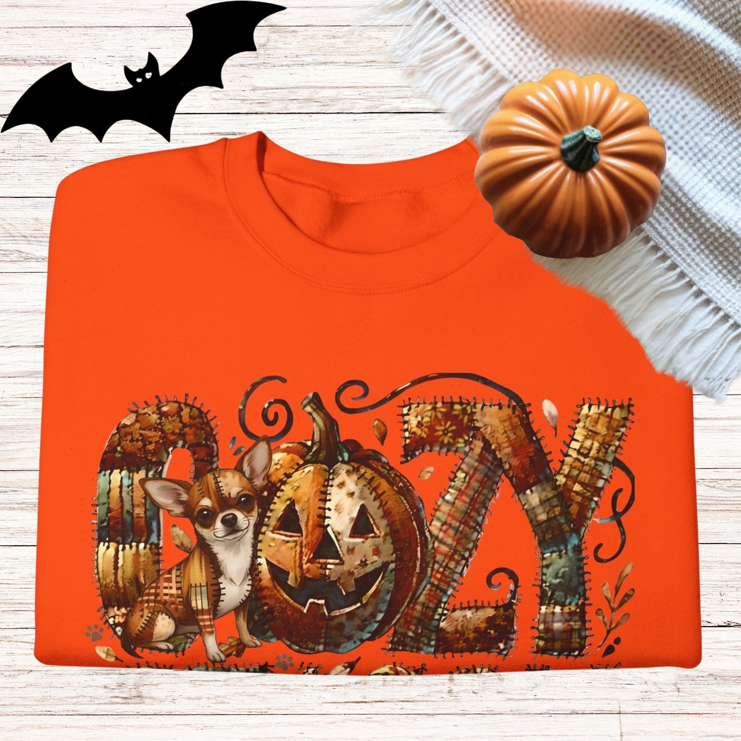 Cozy Season Chihuahua Premium Sweatshirt – Autumn Halloween Patchwork Edition