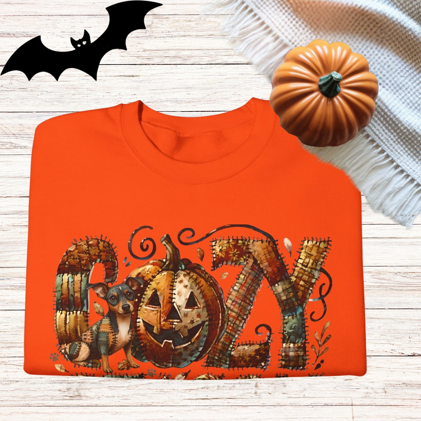 Cozy Season Mini Pinscher Premium Sweatshirt – Autumn Halloween Patchwork Edition