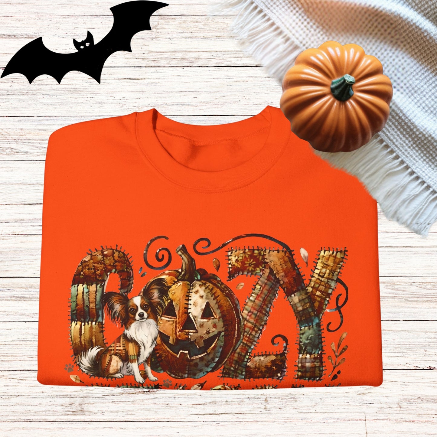 Cozy Season Papillon Premium Sweatshirt – Autumn Halloween Patchwork Edition