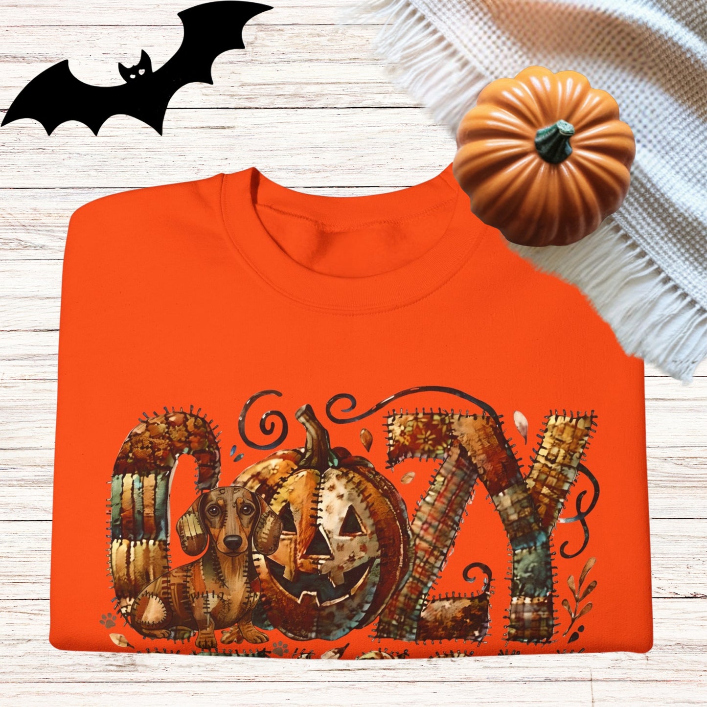 Cozy Season Dachshound Premium Sweatshirt – Autumn Halloween Patchwork Edition