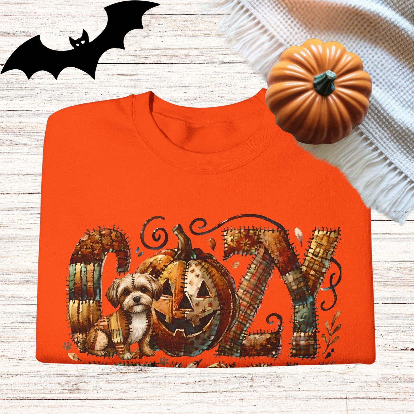 Cozy Season Shi Tzu Premium Sweatshirt – Autumn Halloween Patchwork Edition