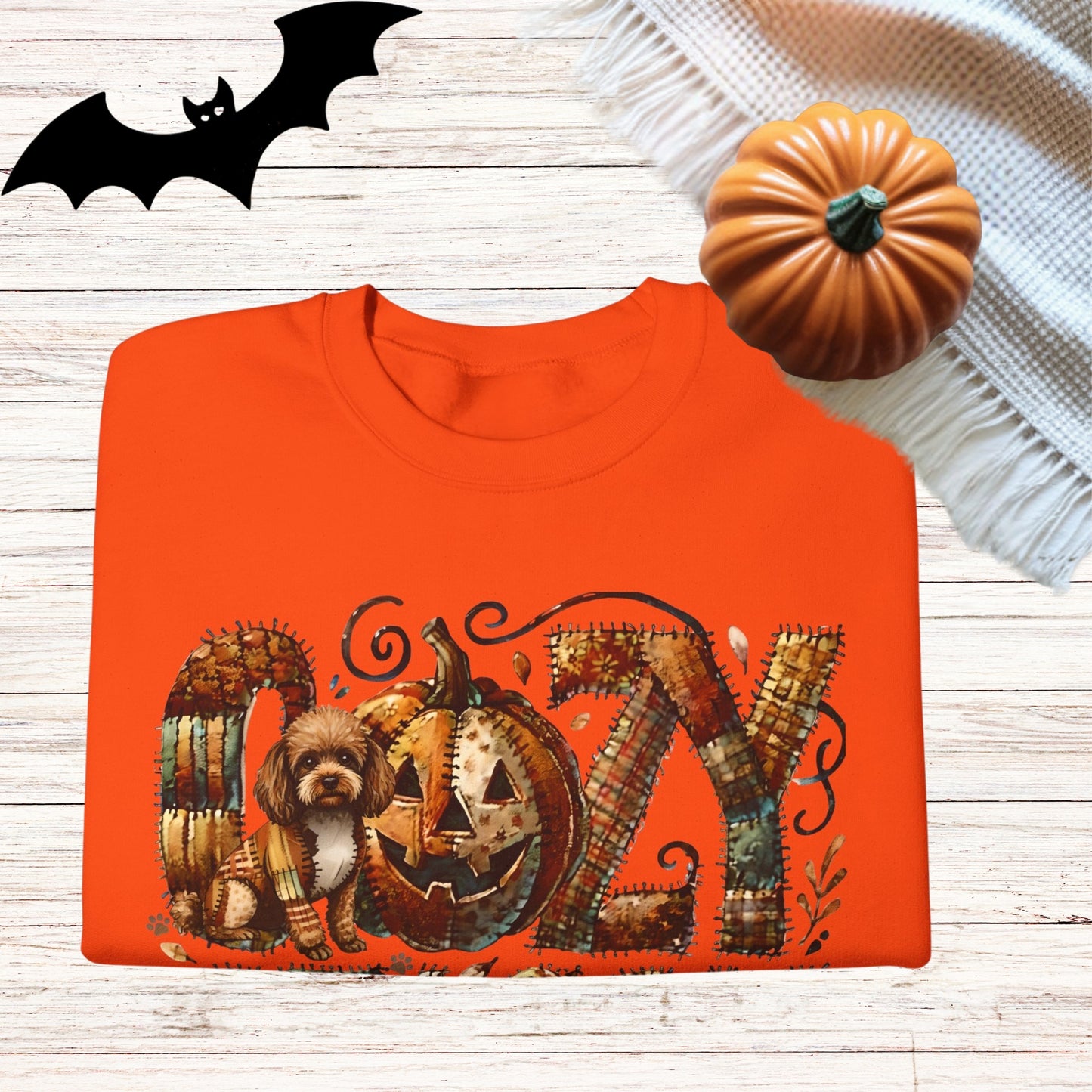 Cozy Season Toy Poodle Premium Sweatshirt – Autumn Halloween Patchwork Edition