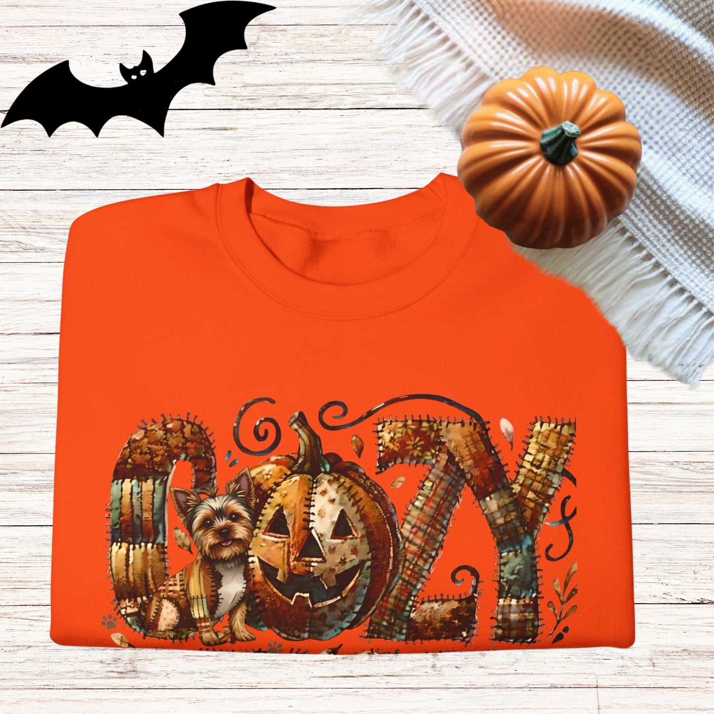 Cozy Season Yorkie Premium Sweatshirt – Autumn Halloween Patchwork Edition