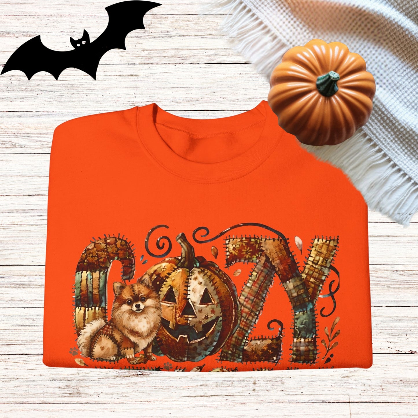 Cozy Season Pomeranian Premium Sweatshirt – Autumn Halloween Patchwork Edition