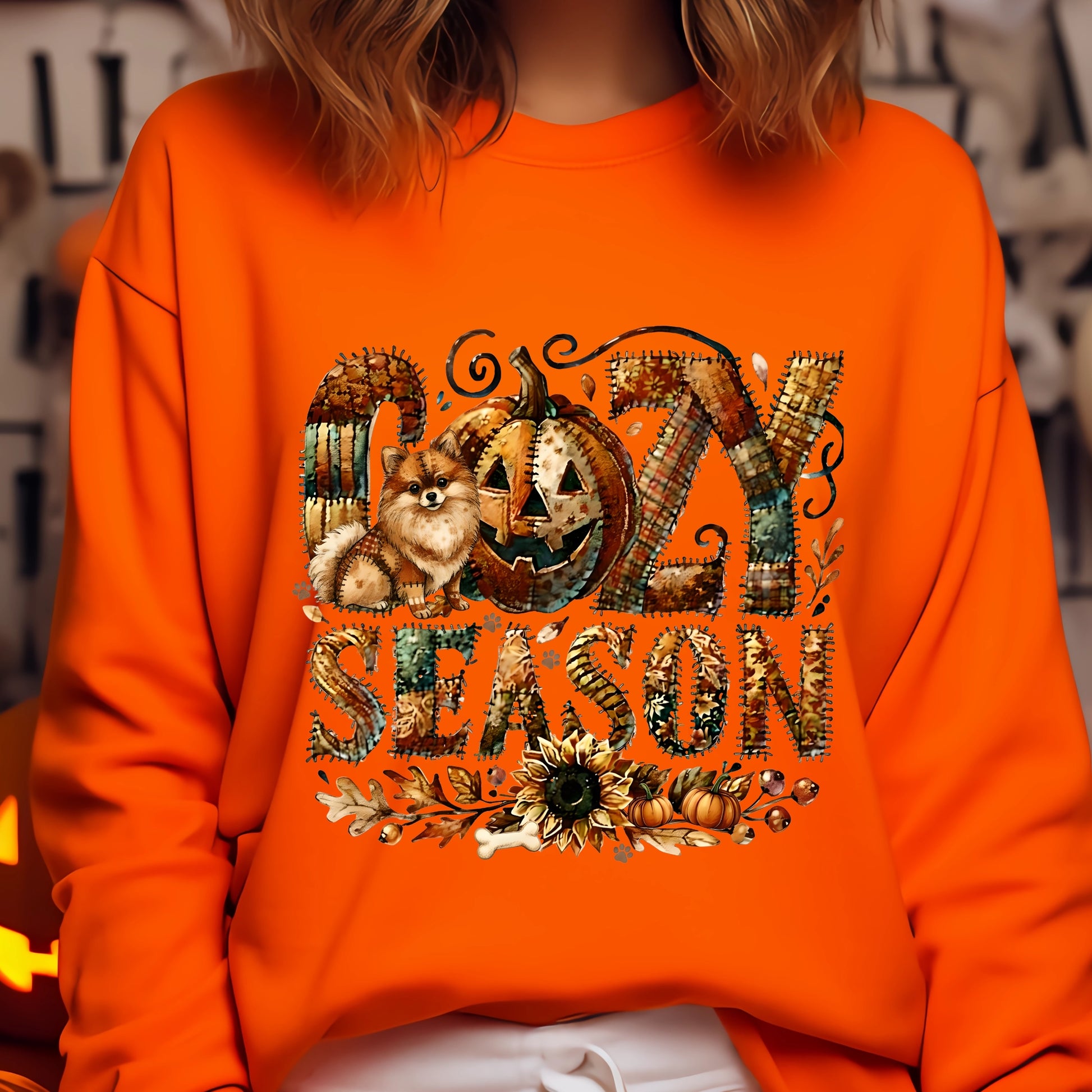 Orange sweatshirt with 'Cozy Season' graphic featuring pumpkins and a dog.