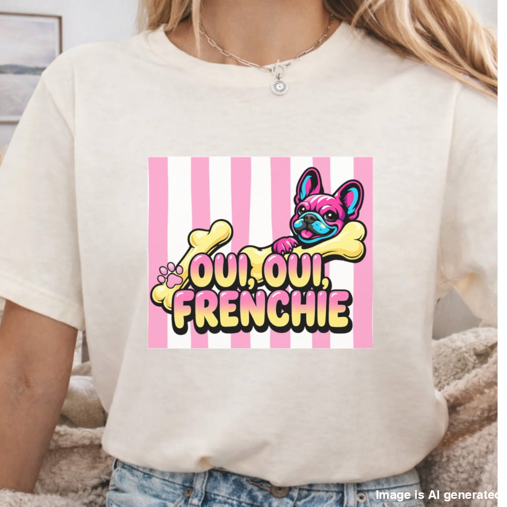 Beige t-shirt with a colorful graphic of a dog and text on a striped background