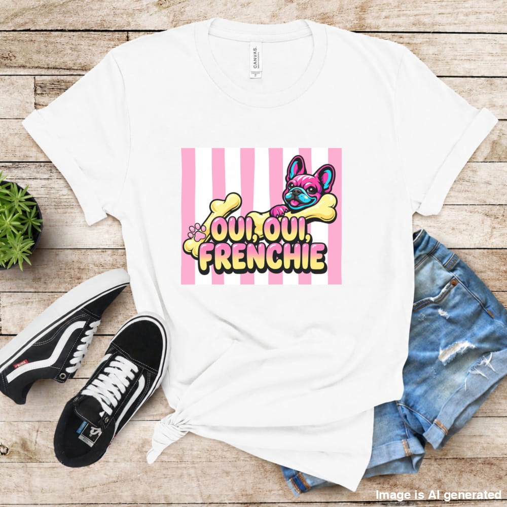 White t-shirt with 'Oui Oui, Frenchie' design on a wooden surface with sneakers and jeans.